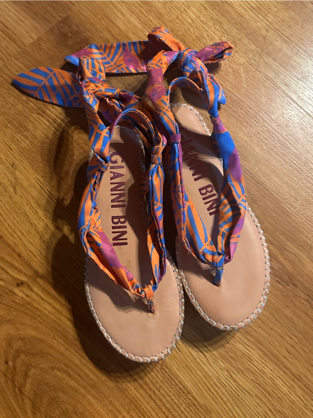 Gianni Bini Pink Sandal with Orange & Blue Patterned Wrap Straps